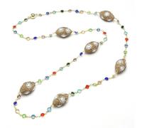 MQXFCZUX 39" White Pearl Crystal Paved Beads Station Long Necklace Gold Plated Colorful Chain For Women