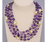 MQXFCZUX 4 Strands Purple Amethyst Rough With Electroplated Edge White Pearl Necklace 18" Vintage For Women