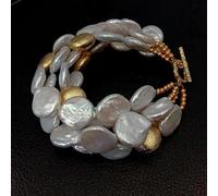MQXFCZUX 4Strands Cultured White Coin Freshwater Pearl Gold color Brushed Bead strand Bracelet 8.5" toggle clasp