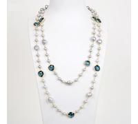 MQXFCZUX 51'' Gray Round Pearl Blue Crystal Gold Plated Chain Long Necklace