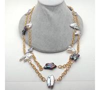 MQXFCZUX 52'' 16x21MM Gray Black Cultured Keshi Pearl Gold color Chain Long Necklace Fashion Jewelry For Women