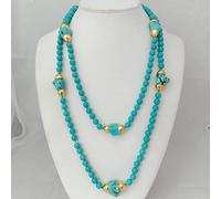 MQXFCZUX 52'' 8MM Blue Round Yellow Gold Plated Freeform long sweater chain Necklace