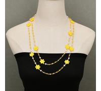 MQXFCZUX 56'' Yellow Lemon Quartz White Pearl Yellow Jade Flower Crystal Paved Sweater chain Necklace For Lady