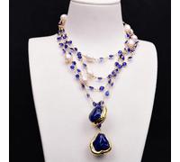 MQXFCZUX 62'' Cultured White Rice Pearl Blue Crystal Glass Chain Necklace Blue Pendant