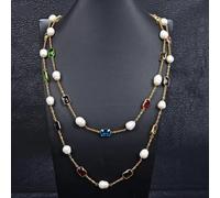 MQXFCZUX 64'' Big White Rice Pearl Mix Color Crystal Gold Plated Chain Long Necklace