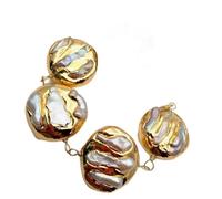 MQXFCZUX 8.5" White Biwa Freshwater Pearl Yellow Gold color Edge pave wrap Bracelet hyperbole hip-hop style for women