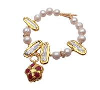 MQXFCZUX 9-10mm Cultured Potao 25mm Biwa Pearl Bracelet 18mm Red Jade Gold Plated Charm For Women