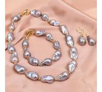 MQXFCZUX Big Freshwater Cultured Gray Baroque Keshi Pearl Necklace Bracelet Earrings Sets For Lady (Jewelry sets)