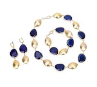 MQXFCZUX Blue Cat eye Crystal Paved Gold Plated Brushed Oval Beads Necklace Bracelet Earrings Sets Women Gifts
