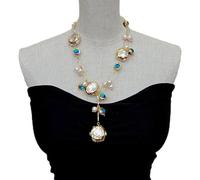 MQXFCZUX Blue Glass Freshwater Cultured White Keshi Pearl Gold Filled Chain Necklace 21"