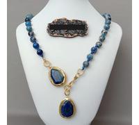 MQXFCZUX Blue Sea Sediment Jasper Round Lapis Chunk Pendant Necklace 23'
