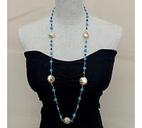 MQXFCZUX Blue White Coin Pearl Blue Lapis Coin Shape faceted lapis rosary Chain Long Necklace 35"