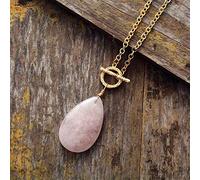 MQXFCZUX Classic Rose Quartzs Teardrop Pendant Lariat Gold Plated Chain Stone Necklace Elegant Jewelry