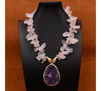 MQXFCZUX Crystal Rose Quartz Rough Raw Gold Plate Brushed Beads Necklace Amethyst Quartz Rough Stone Pendant For Lady