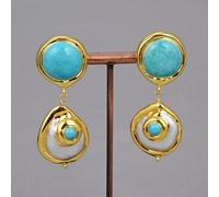 MQXFCZUX Cultured Baroque Coin Pearl Gold Edge Plated Blue Necklace Bracelet Earrings Set For Women (Earrings)