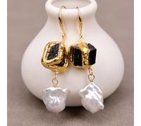 MQXFCZUX Cultured White Baroque Pearl Gold Edge Plated Black Tourmaline Nugget Brushed Beads Necklace Bracelet Earrings Sets (Earrings)