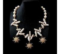 MQXFCZUX Cultured White Biwa Pearl Potato Pearl Sun Style Charm Statement Necklace