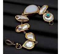 MQXFCZUX Cultured White Coin Biwa Freshwater Pearl Agates With Electroplated Wrap Bracelet 8.5" for women