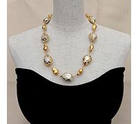 MQXFCZUX Cultured White Freshwater Pearl Blue larimar Chips pave Teardrop Shape Gold brushed teardrop Wrap Necklace 24"