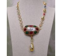 MQXFCZUX Cultured White Keshi Pearl Big Pendant Pave Rosary Chain Choker Necklace