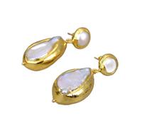 MQXFCZUX Cultured White Keshi Pearl Gold Plated Edge Beads Chokers Necklace Bracelet Earrings Sets Classic For Women (Earrings)