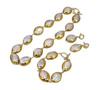 MQXFCZUX Cultured White Keshi Pearl Gold Plated Edge Beads Chokers Necklace Bracelet Earrings Sets Classic For Women (Jewelry sets)