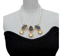 MQXFCZUX Cultured White Rice freshwater Pearl choker Necklace Quartz Gold filled Brushed Pendant 20'