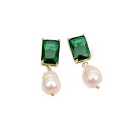 MQXFCZUX Cultured White Rice Green Crystal Stud Yellow Gold Plated Earrings Cute For Lady