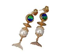 MQXFCZUX Cute style Blue Glass White Sea Shell Pearl Pave Fish Tail Drop Stud Earrings