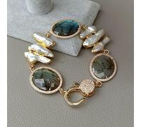MQXFCZUX Faceted Labradorite oval Pave Cultured White Biwa freshwater Pearl Wrap Bracelet 8'' for women