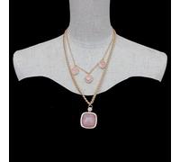 MQXFCZUX Fashion Layers 29mm Rose Quartz Square Pendant Heart Charm Rose gold Necklace Choker Gold Plated Chain Jewelry