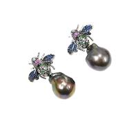 MQXFCZUX Freshwater Black Keshi Pearl Silver Color Plated Pave Insect Stud Earrings Cute For Lady Gifts
