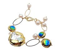 MQXFCZUX Freshwater Cultured 30mm White Keshi Pearl 16mm Blue Murano Glass Bracelet 8"