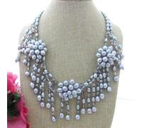 MQXFCZUX Freshwater Cultured Gray Rice Pearl Flower Statement Necklace Luxury style for women 18"