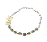 MQXFCZUX Freshwater Cultured Gray Rice Pearl White Biwa Pearl Blue Kyanites Necklace 23"