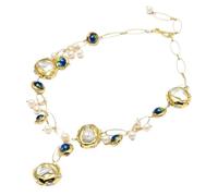 MQXFCZUX Freshwater Cultured White Keshi Pearl Blue Murano Glass Necklace 21" For Women