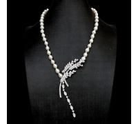 MQXFCZUX Freshwater Cultured White Keshi Pearl Necklace Cubic Zirconia Pave leaf silver plated connector 19"