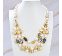 MQXFCZUX Freshwater Cultured White Rice Pearl Gold Edge Plated Blue Choker Necklace 20" For Women