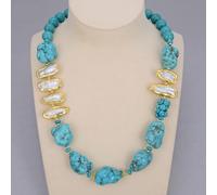 MQXFCZUX Freshwater White Biwa Pearl Gold Plated Blue Rough Choker Necklace 21"