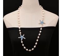 MQXFCZUX Freshwater White Rice Pearl Long Chain Statement Necklace Blue Crystal Starfish Connector Pendant