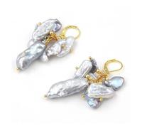 MQXFCZUX Gray Keshi Biwa Pearl Earrings For Women 925 Silver Gold Plated Hook Leverback