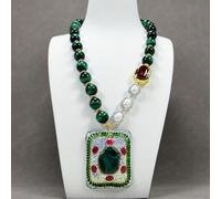 MQXFCZUX Green Tiger Eye Cultured White Rice Pearl Red Crystal Necklace Green Malachite Pave Pendant Gemstone Jewelry Gift