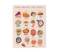 MQXFCZUX Kids Food Atlas Poster, Educational World Cuisines Wall Art for Kitchen Nursery, Global Dishes Map Vintage Aesthetic Decor Framed,12x18inch(30x45cm)