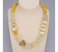 MQXFCZUX Lemon Quartzs Rough White Biwa Freshwater Pearl Round Agates Choker Necklace 21"