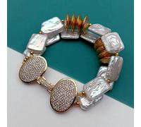 MQXFCZUX Luxury style 2 Strands Freshwater Cultured White Rectangle Shape Keshi Pearl Bracelet Clasp