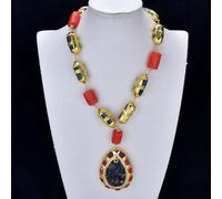 MQXFCZUX Orange Coral Blue With Electroplated Edge Bezel Gold Plated Brushed Necklace Ocean Jasper Coral Pendant