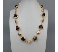 MQXFCZUX Purple Amethyst Rough Nugget With Electroplated Edge Brushed Bead Wrap Necklace 23" for women
