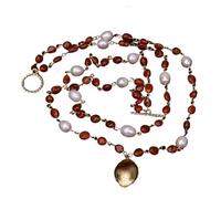 MQXFCZUX Red Agate White Rice freshwater statement Necklace Teardrop Brushed Gold Plated Pendant 21"