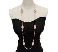 MQXFCZUX Sweater chain For Women Cultured White Pearl Crystal Pave Station Necklace Gold Plated Chain 39"