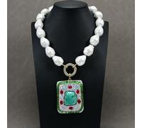 MQXFCZUX Thread White Baroque Sea Shell Pearl Necklace Green Malachite Paved Jade Pendant Jewelry Gift For Women